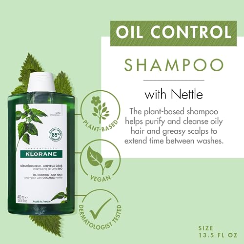 Klorane Shampoo with Nettle for Oily Hair and Scalp, Regulates Oil Production, Paraben, Silicone, SLS Free, 13.53 Fl Oz (Pack of 1)