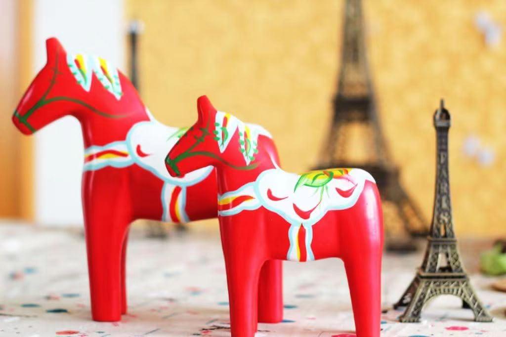 Set of 2 Swedish Wooden Dala Horses, Dalecarlian Horse Figurines, Christmas Ornament Decor for Home, Red