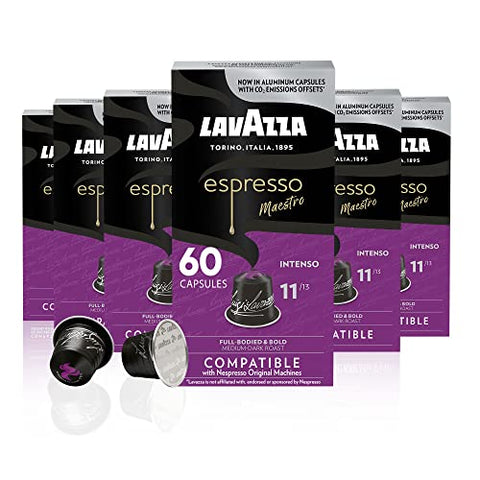 Lavazza Espresso Intenso Medium Dark Roast Arabica & Robusta Aluminum Capsules Compatible with Nespresso Original Machines (Pack of 60) ,Value Pack, Intense and full-bodied with notes of wood and spices, Intensity 11 of 13.