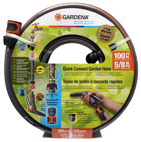 Gardena 39001 100 Foot 5/8 Inch Heavy-Duty Quick Connect Hose, Heavy-Duty 5-Ply Design, Includes Quick Connectors and Adadpters, Kink-Resistant.