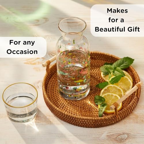 Bedside Water Carafe and Glass Set - Floral Pitcher with Cup for Nightstand - Vintage Mouthwash Water Decanter - All in One Hydration Experience - 23.66 oz.