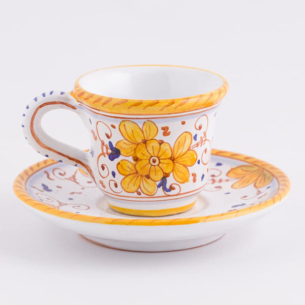 Italian Ceramic Espresso Cup & Saucer Arabesco Giallo, Deruta - Hand Painted Cup, Made in Italy Ceramics, Handmade Coffee Cups, Italian Ceramics Deruta, Italian Pottery