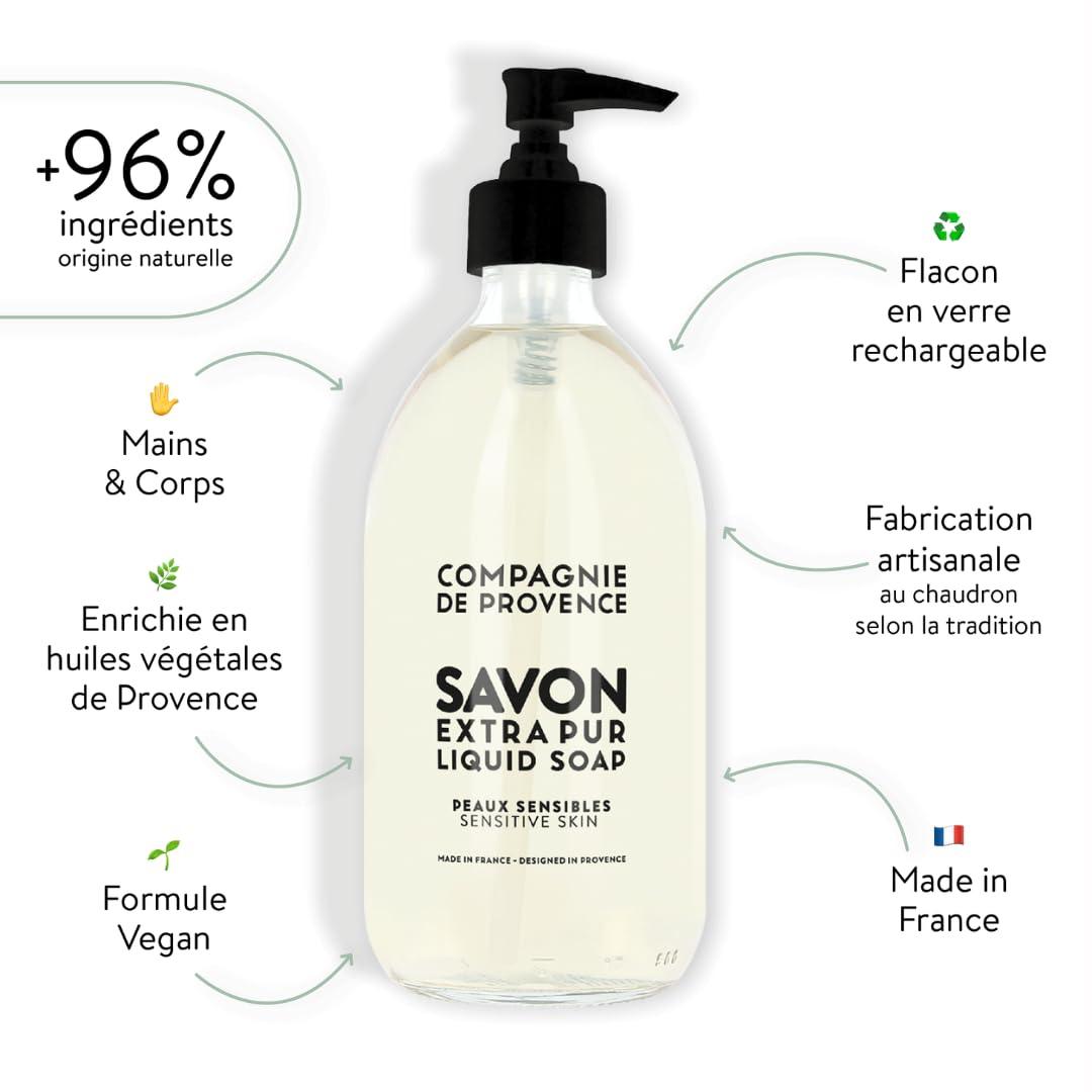 Compagnie de Provence Savon de Marseille Extra Pure Liquid Soap - Sensitive Skin - 16.7 Fl Oz Glass Pump Bottle