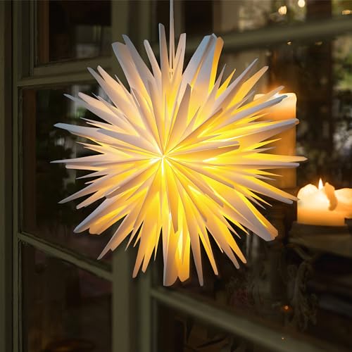 EANLOLY 3D LED Paper Star Lantern - Christmas Decorations Indoor, Twinkle Fairy Lights Window Decor, Holiday Party Hanging Lighted Stars Ornaments, 18&quot; Ø White