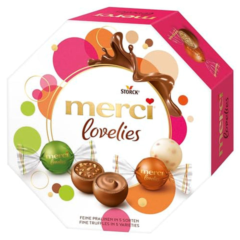 Merci Lovelies Classic 185g - GIFT BOX with 14 individually wrapped Chocolates - Nougat Crunch - White Almond - Praliné - Nut & Almond - Praliné in dark chocolate / Germany.