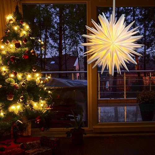 EANLOLY 3D LED Paper Star Lantern - Christmas Decorations Indoor, Twinkle Fairy Lights Window Decor, Holiday Party Hanging Lighted Stars Ornaments, 18&quot; Ø White