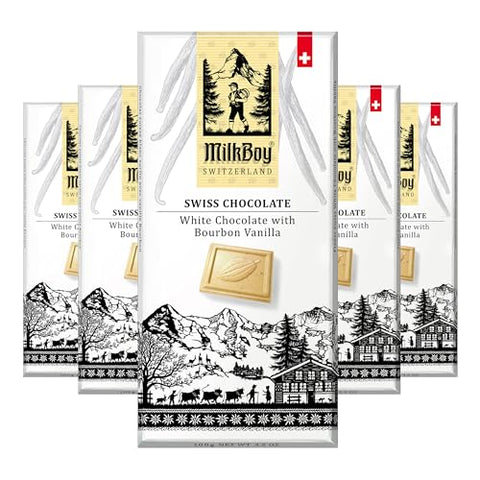 Milkboy Swiss White Chocolate Bars - Gourmet Bourbon Vanilla Chocolate Bars - Made with Pure Natural Vanilla - White Premium - Gluten Free - Non-GMO - Kosher - 3.5oz 5 Packs