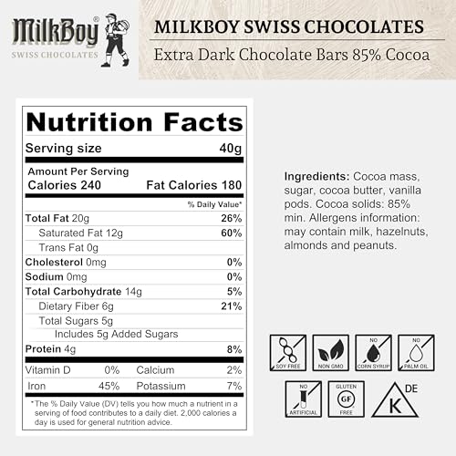 Milkboy Swiss Extra Dark Chocolates - 85% Cocoa, Made in Switzerland, Dairy Free, Vegan, Gluten-Free, Non-GMO, Kosher, Sustainably Farmed, European Chocolate - 3.5 oz, 5 Pack.