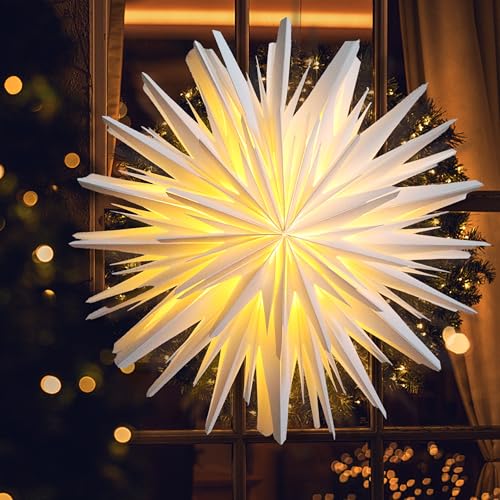 EANLOLY 3D LED Paper Star Lantern - Christmas Decorations Indoor, Twinkle Fairy Lights Window Decor, Holiday Party Hanging Lighted Stars Ornaments, 18&quot; Ø White