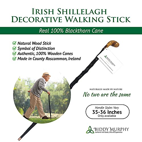 Irish Shillelagh Wooden Irish Walking Stick, Straight Handle, Handcrafted 100% Blackthorn Wood Cane, Lightweight Sturdy, One of a Kind Style, Made in Ireland 36".