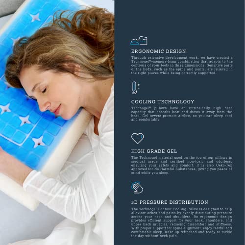 Technogel Thin Cooling Gel Pillow I Neck & Shoulder Pain Relief I Standard Relax Shape I Odorless Memory Foam Base I Cool Sleeping I Stomach & Back Sleepers I Washable Ventilated Cooled Cover.