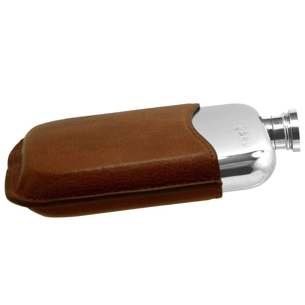 English Pewter Company 6oz Pewter Liquor Hip Flask with Luxury Brown Leather Pouch [PLF01].