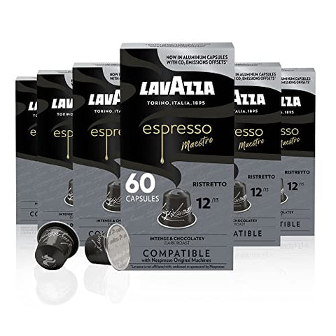 Lavazza Espresso Ristretto Dark Roast Arabica & Robusta Aluminum Capsules Compatible with Nespresso Original Machines (Pack of 60) ,Value Pack, Intense and full bodied, dark crema, Intensity 12 of 13.