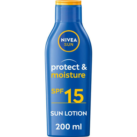 NIVEA SUN Protect & Moisture Sun Lotion SPF 15 (200 ml), Suncream with Vitamin E, Provides 48 Hour Moisture and Immediate UVA & UVB Protection