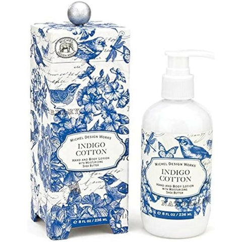 Michel Design Works Hand and Body Lotion 8oz, Indigo Cotton Scent and Design, Shea Butter and Aloe Vera Blend, Beautiful Container with Pump.