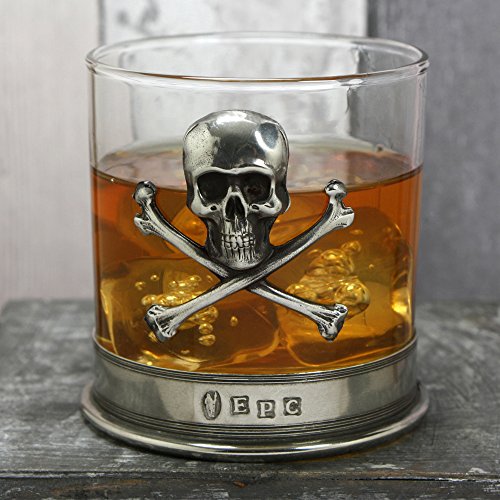 English Pewter Company 11 Ounce Old Fashioned Whisky Rum Rocks Glass With Stunning Pewter Skull and Cross Bones [TUM07].