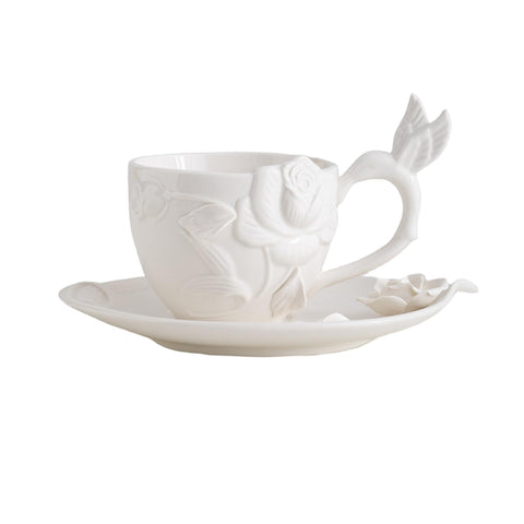 European retro style 3D flower Ceramic Coffee Mug Teacup with Saucer set, nice gift for Her (7.77oz 230ml, White).