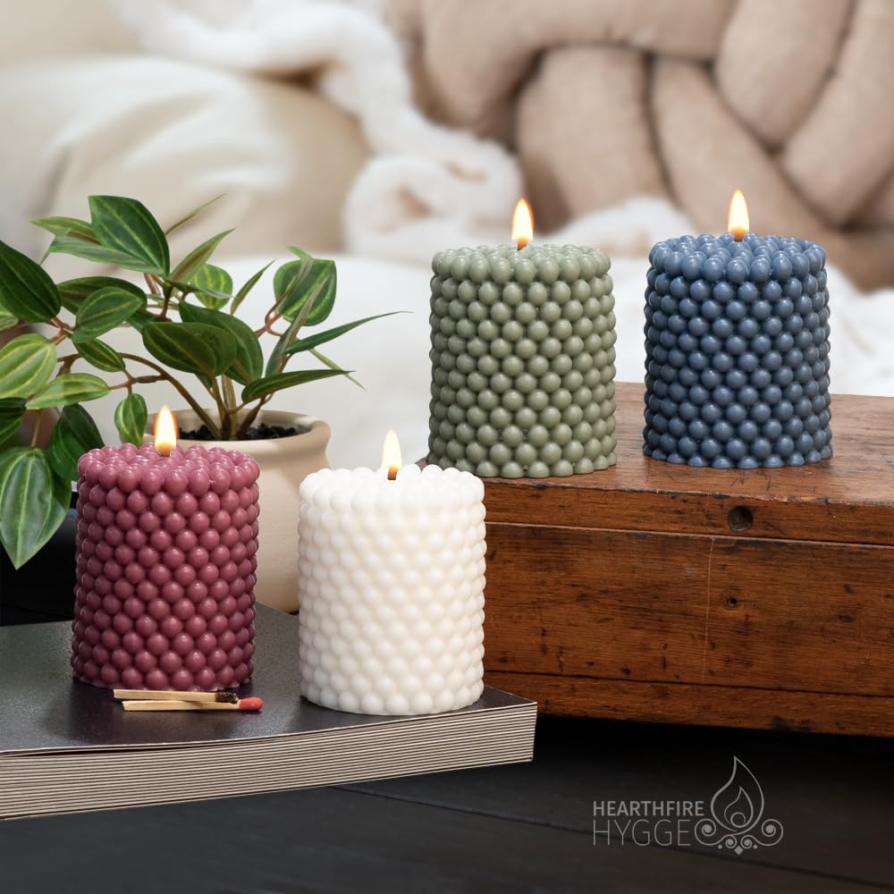 Hearthfire Hygge 4 pcs Bubble Candle Mini Pillar Soy Candle Sets | Unscented Candle Aesthetic | 25-Hr Burn Time Bubble Candles Aesthetic | Trendy Colored Funky Candles | Soy Wax Preppy Candles