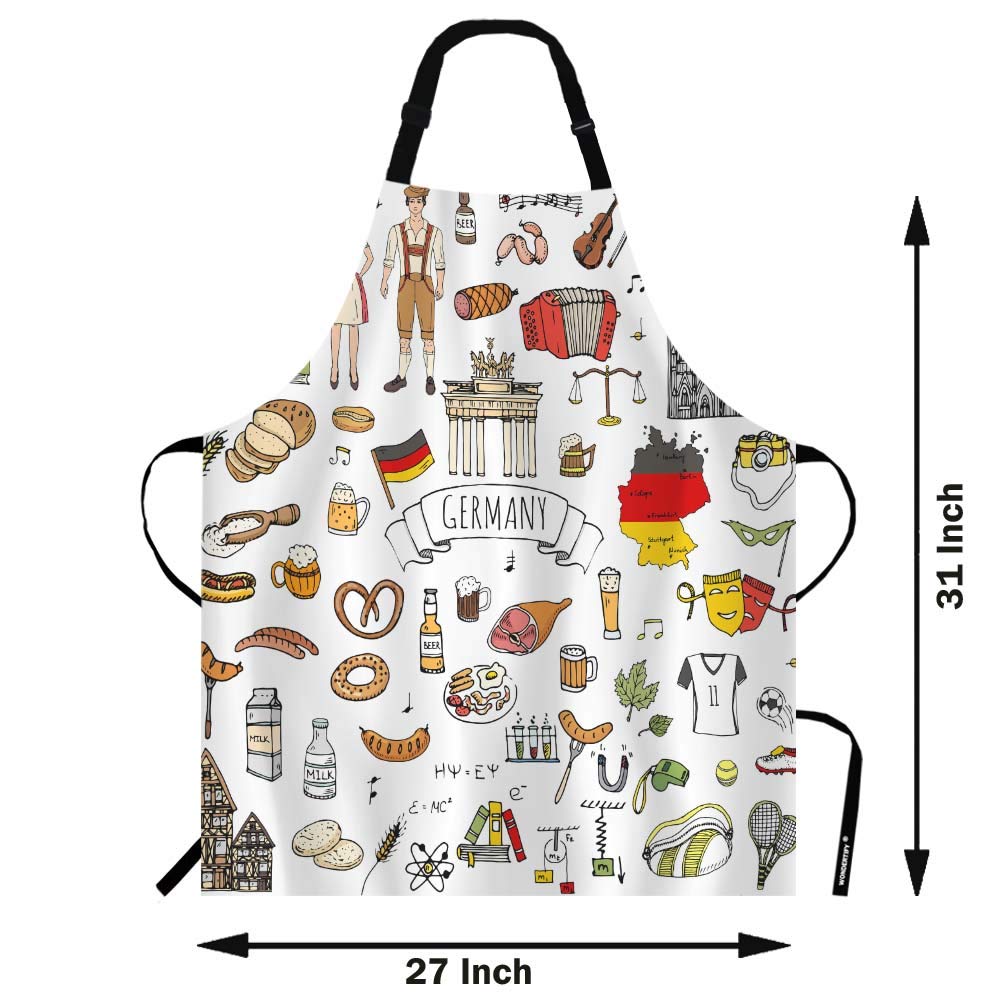 WONDERTIFY Europe Germany Travel Elements Apron,Germany Icons Sausage Beer Wheat Bread Football Castle Bib Apron with Adjustable Neck for Men Women,Suitable for Kitchen Cooking Chef Bistro BBQ Apron