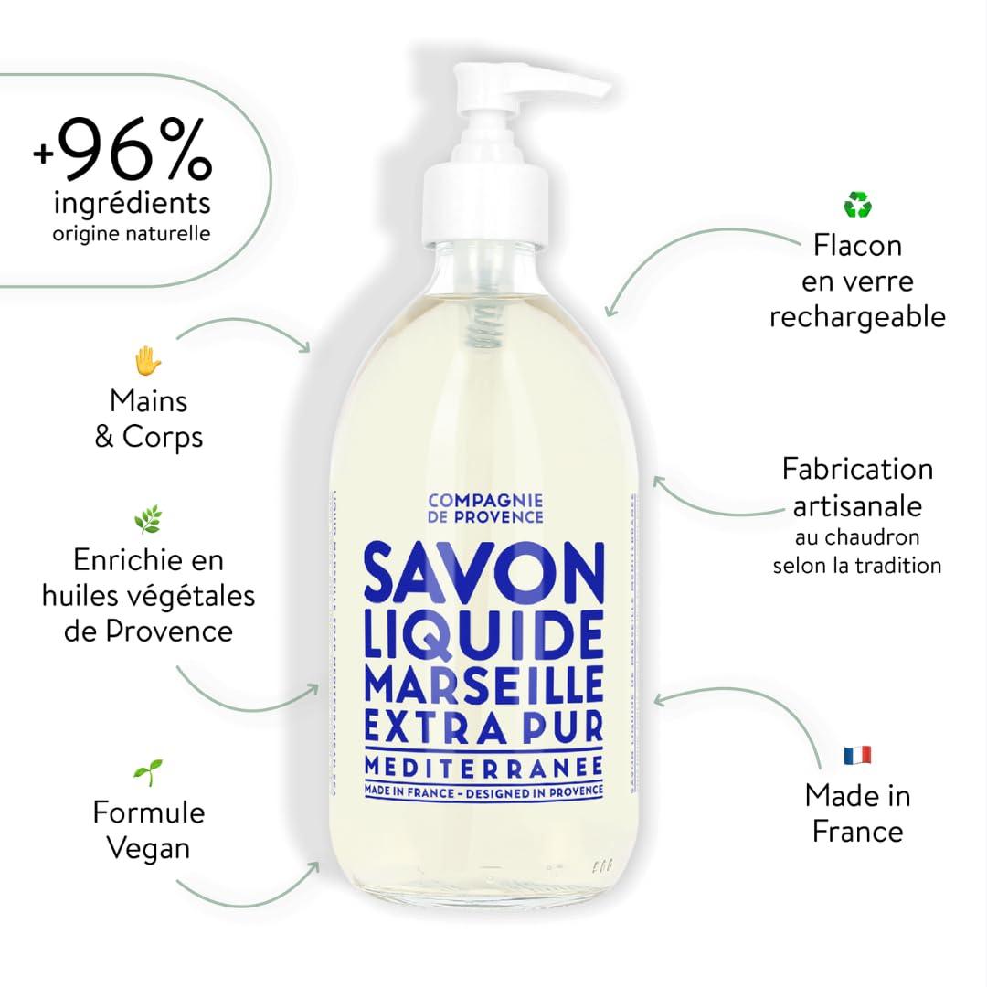 Compagnie de Provence Savon de Marseille Extra Pure Liquid Soap - Mediterranean Sea - 16.7 Fl Oz Glass Pump Bottle