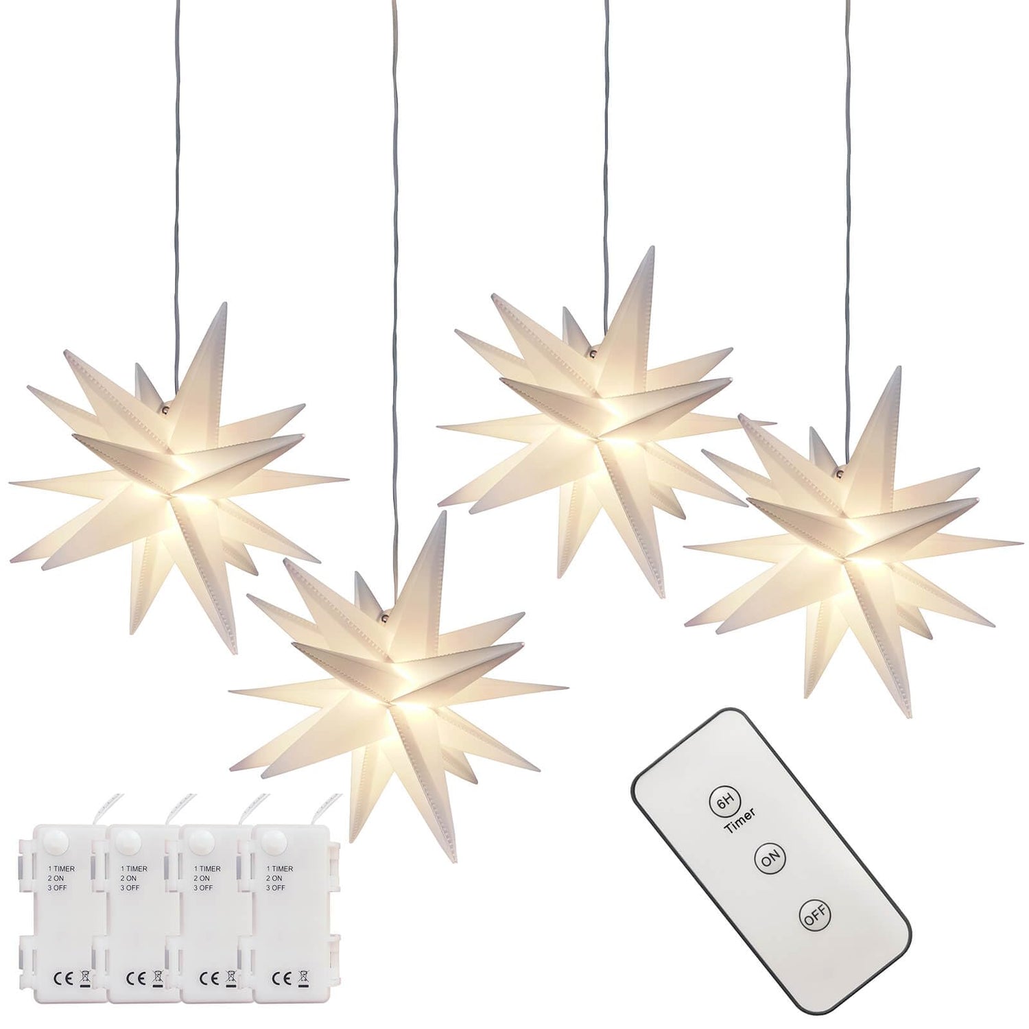 Leejec 9.4&quot; Moravian Star Outdoor Light with Remote Control, Christmas Decorations, Indoor Hanging, Warm White LED Light, Battery Operated with Timer Function, 4-Pack, Tree, Ceiling, Balcony Décor