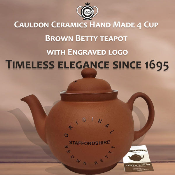 Cauldon Ceramics Classic Brown Betty Teapot | Traditional Handmade 4 Cup Brown Betty Teapot with Engraved Logo | Made with Staffordshire Red Clay | Authentic, Made in England Teapot | 36 fl oz.