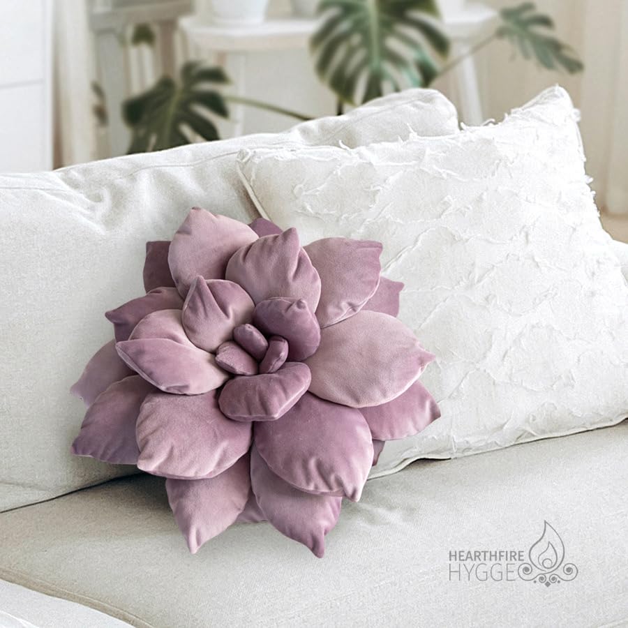 Hearthfire Hygge 3D Large Succulent Pillow | 17&quot; Soft Purple Leaf Pillow, Flower Shaped Pillow | Succulent Decor Cactus Pillow | Funky Throw Pillows Cactus Plush | Succulent Pillows Aesthetic