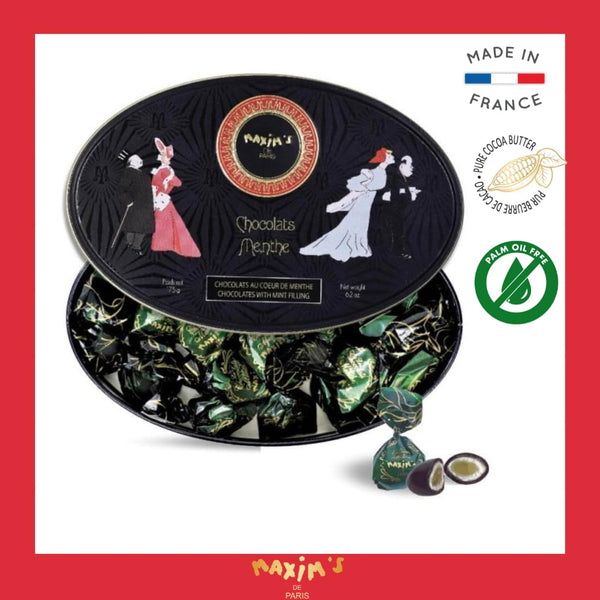 Maxim's De Paris - Chocolate Covered Mint Candies in a Luxurious Oval Tin Box Black and Gold, Belle Epoque Design, 175 g