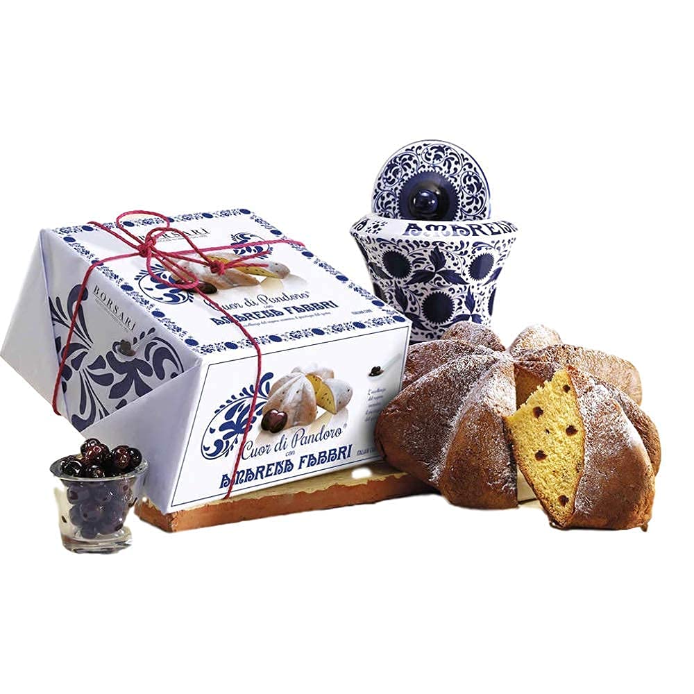 Amarena Fabbri Cherries, Pandoro with candied cherries inside, Italian holiday Cake by Borsari, Hand-Wrapped in white box, Made in Italy, 1.65 pound