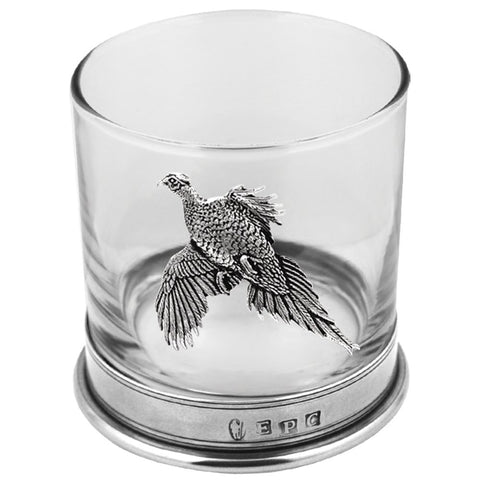 English Pewter Company 11oz Old Fashioned Whisky Rocks Glass with Pewter Base and Pheasant Motif [PHS104].