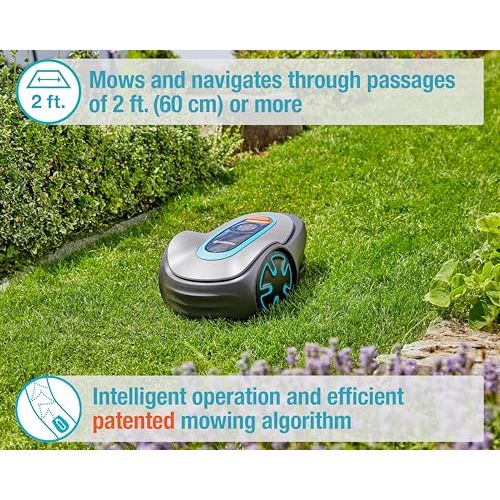 GARDENA SILENO Minimo Automatic Robotic Lawn Mower with Bluetooth app, Boundary Wire - For lawns up to 2700 Sq Ft, Made in Europe, Grey.