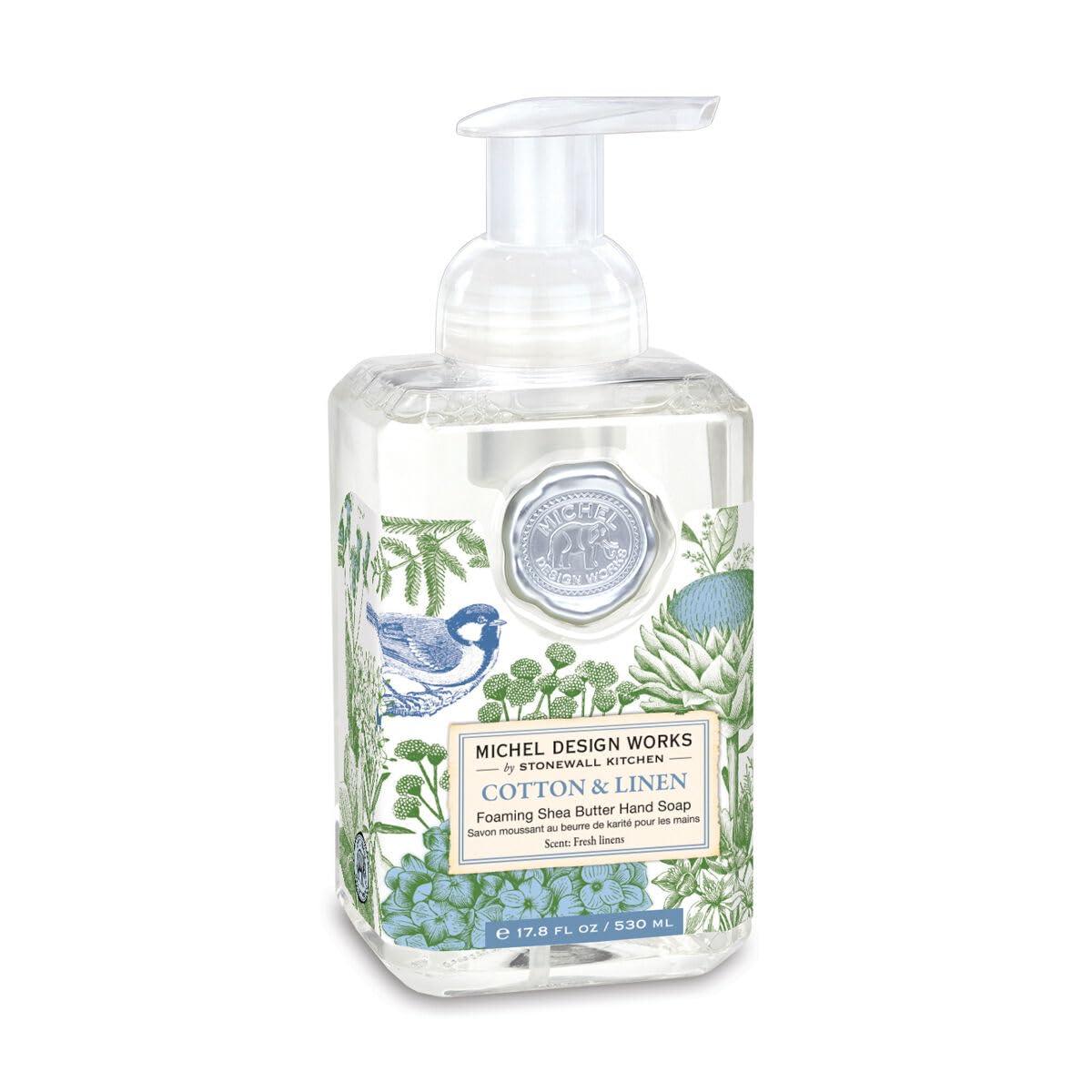 Michel Design Works Foaming Hand Soap 17.8oz, Cotton &amp; Linen Scent and Design, Shea Butter and Aloe Vera Blend, Beautiful Square Container with Pump