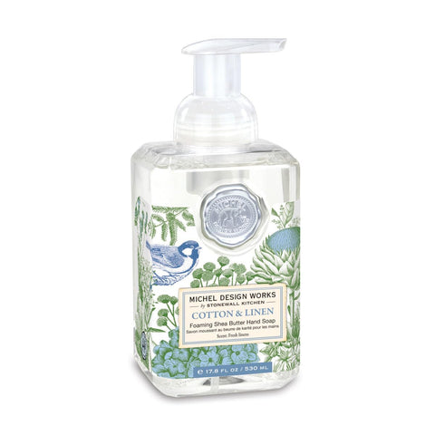 Michel Design Works Foaming Hand Soap 17.8oz, Cotton & Linen Scent and Design, Shea Butter and Aloe Vera Blend, Beautiful Square Container with Pump