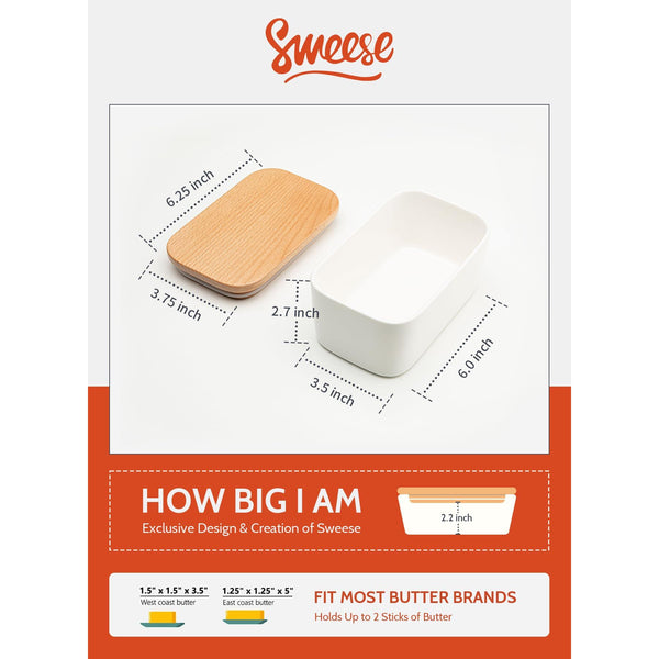 Sweese Large Butter Dish with Lid for Countertop, Airtight Butter Keeper Holds Up to 2 Sticks of Butter, Porcelain Butter Container for Kitchen Decor and Accessories for Kitchen Gift, White.