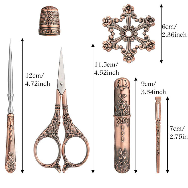 Embroidery Scissors Kits, Vintage Scissors European Style Sewing Scissors, Sewing Kit with Sewing Needle Case, Thimble and Metal Floss Bobbin, Complete Needlework Kits for Embroidery (Coppery).