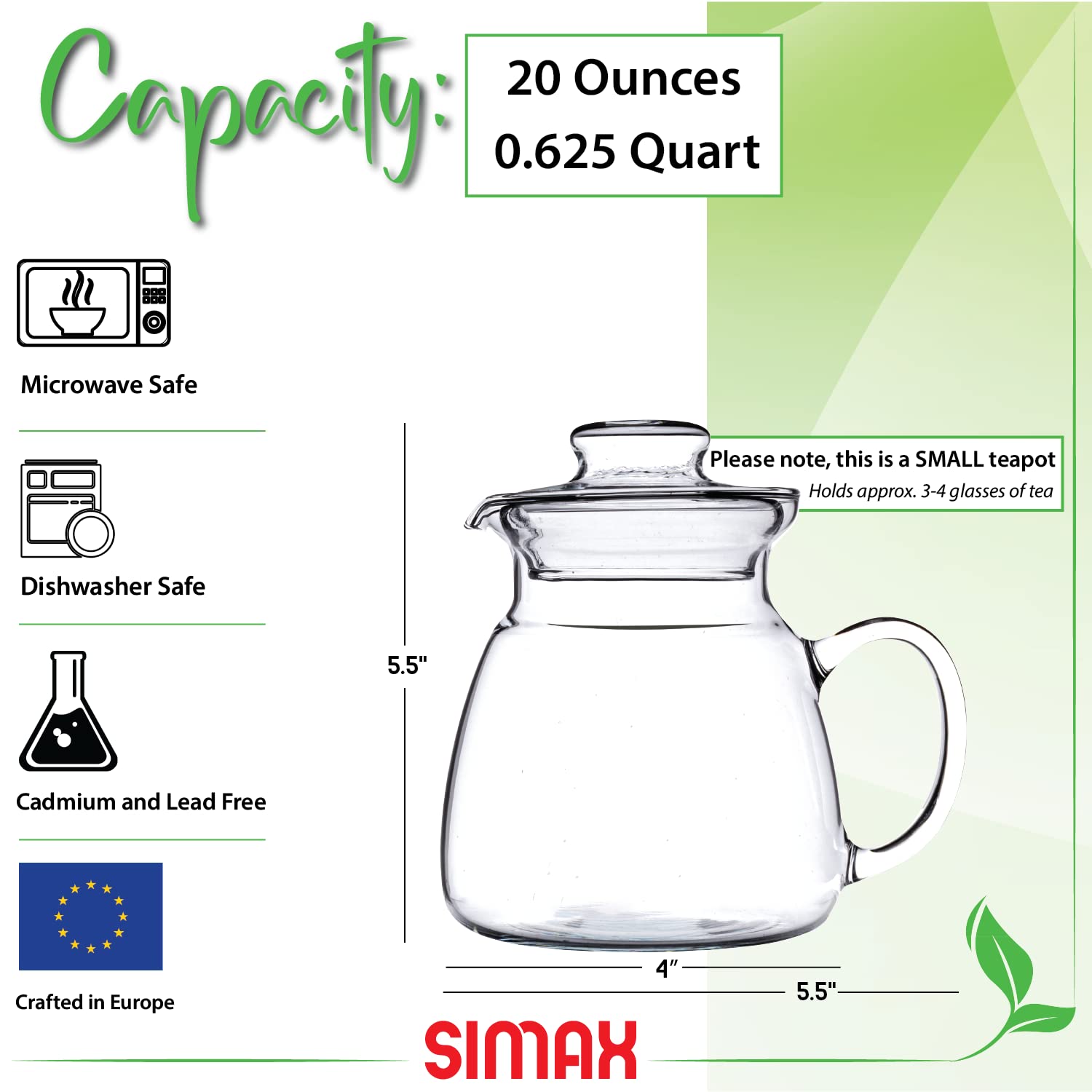 Simax Glassware 20 Oz. Glass Teapot | Short Spout, Microwave and Stovetop Safe, Heat, Cold, and Thermal Shock Resistant Borosilicate Glass, Makes a Stunning Presentation