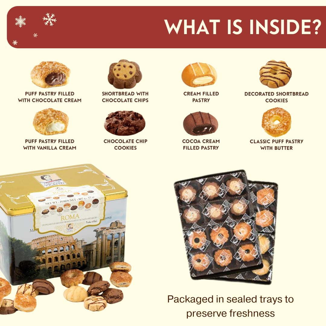 Matilde Vicenzi Roma Cookie Tin - Italian Pastries &amp; Bakery Cookies in Individually Wrapped Trays - Bakery Dessert Gifts - Puff Pastry, Assorted Cookies in Italian Design Gift Tin 32oz (907g)