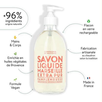 Compagnie de Provence Savon de Marseille Extra Pure Liquid Soap - Pink Grapefruit - 16.7 Fl Oz Glass Pump Bottle