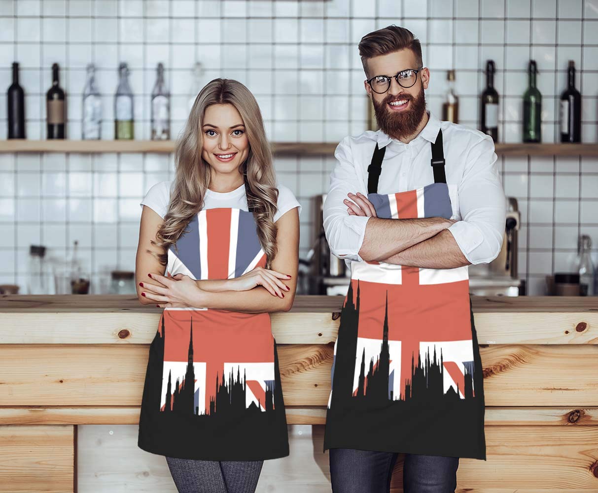 Wondertify Union Jack UK Flag Apron,England Flag London Cityscape Skyline House Of The Parliament Bib Apron with Adjustable Neck for Men Women,Suitable for Home Kitchen Cooking Bistro Baking BBQ Apron