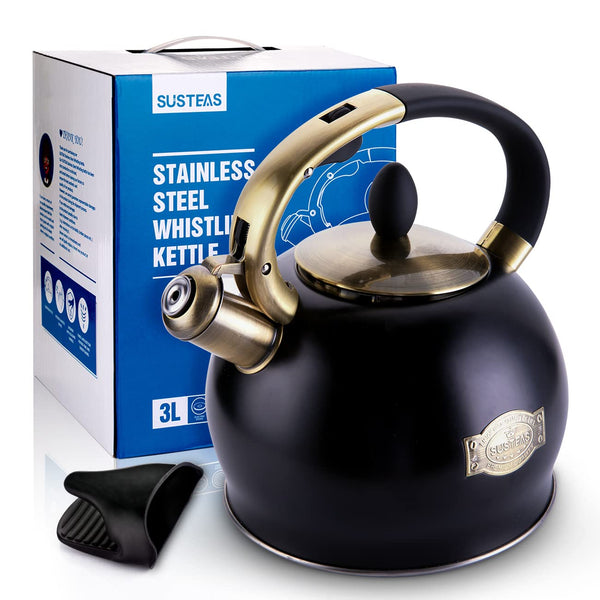 SUSTEAS Stove Top Whistling Tea Kettle - Food Grade Stainless Steel Teakettle Teapot with Cool Touch Ergonomic Handle,1 Free Silicone Pinch Mitt Included,2.64 Quart(BLACK)