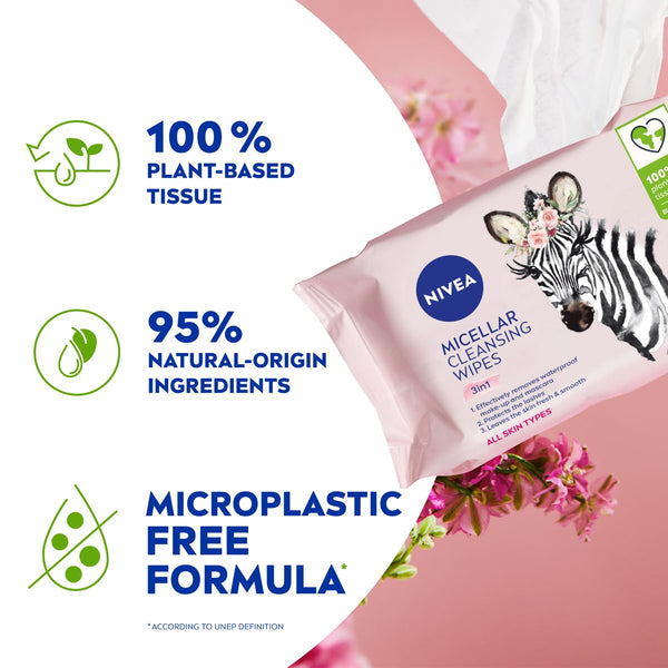 NIVEA Limited Edition Micellar Cleansing Wipes (25pcs), Biodegradable Wipes with Micellar Technology, Facial Wipes Effectively Removes Waterproof Make-Up and Mascara
