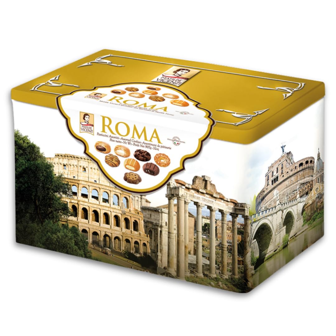 Matilde Vicenzi Roma Cookie Tin - Italian Pastries &amp; Bakery Cookies in Individually Wrapped Trays - Bakery Dessert Gifts - Puff Pastry, Assorted Cookies in Italian Design Gift Tin 32oz (907g)