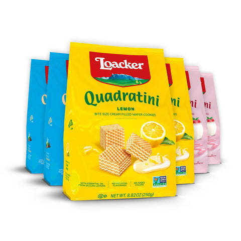 Loacker Quadratini Spring Variety Pack Wafer Cookies LARGE - 30% Less Sugar - Premium Crispy Bite Size Wafers with Cream Filling - Resealable Pack - NON-GMO - Mix of Lemon, Vanilla, and Raspberry - LARGE Snack Bag, 250g/8.82oz, Multipack of 6