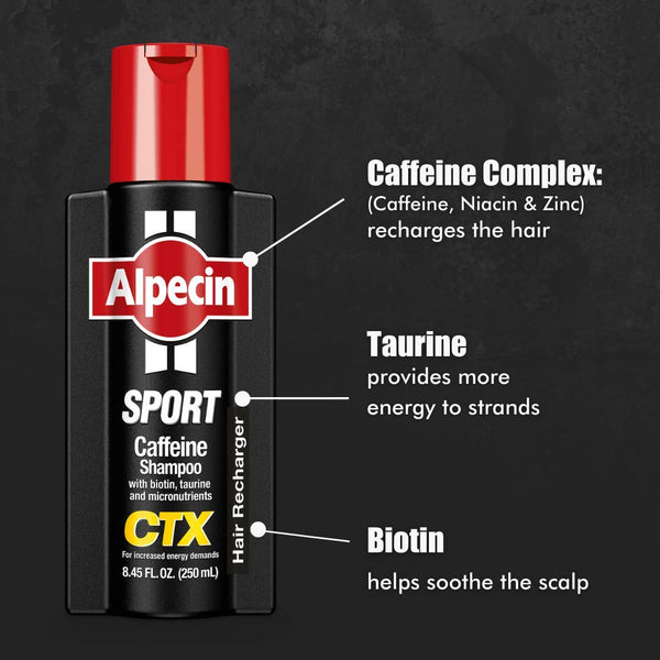 Alpecin CTX Sport Men's Caffeine Shampoo 8.45 fl oz, with Biotin, Niacin, Castor Oil, Taurine, Healthy Micronutrients, Natural Hair Growth, Hair Thickening, Thinning Hair, Active Lifestyle
