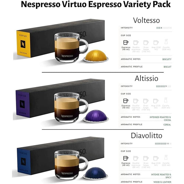 European Version VertuoLine Espresso Capsules (1.35 ounce) Variety: Altissio, Diavolitto, Voltesso, 30 Count (Pack of 3).