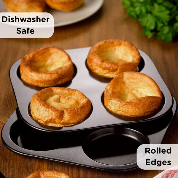 Yorkshire Pudding Pan Tray 4 Cup - Large Cup Heavy Gauge Yorkshire Pudding Tin Baking Pans for Perfect Yorkshires - 10 Year Quality Guarantee - Muffin Top Pan 4 Inch.