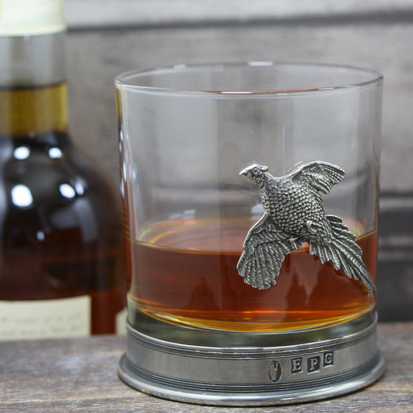 English Pewter Company 11oz Old Fashioned Whisky Rocks Glass with Pewter Base and Pheasant Motif [PHS104].