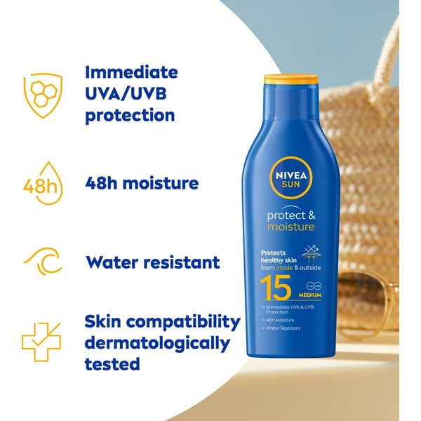 NIVEA SUN Protect & Moisture Sun Lotion SPF 15 (200 ml), Suncream with Vitamin E, Provides 48 Hour Moisture and Immediate UVA & UVB Protection