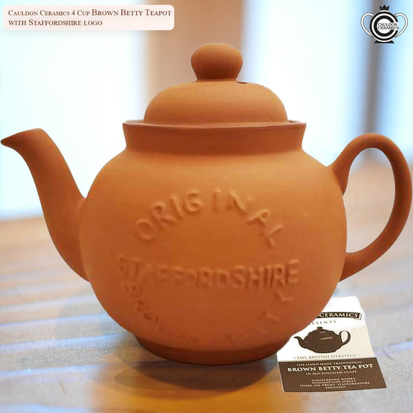 Cauldon Ceramics Classic Terracotta Teapot with Logo | Hand Made 4 Cup Teapot | Made with Staffordshire Red Clay | Traditional Teapot for Teabags | Authentic, Made in England Teapot | 36 Fl Oz.