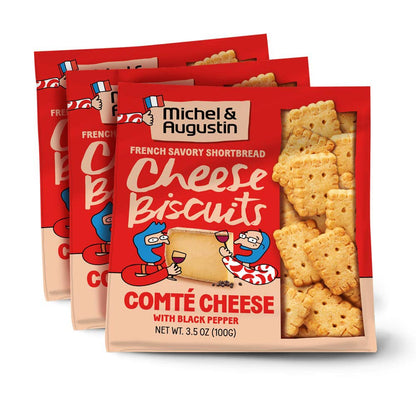 Michel et Augustin Cheese Crackers, Comté Cheese Biscuits with Black Pepper, Crispy Gourmet Snacks, Savory Snacks Party Crackers, 3-Pack, 3.5 oz. Bags